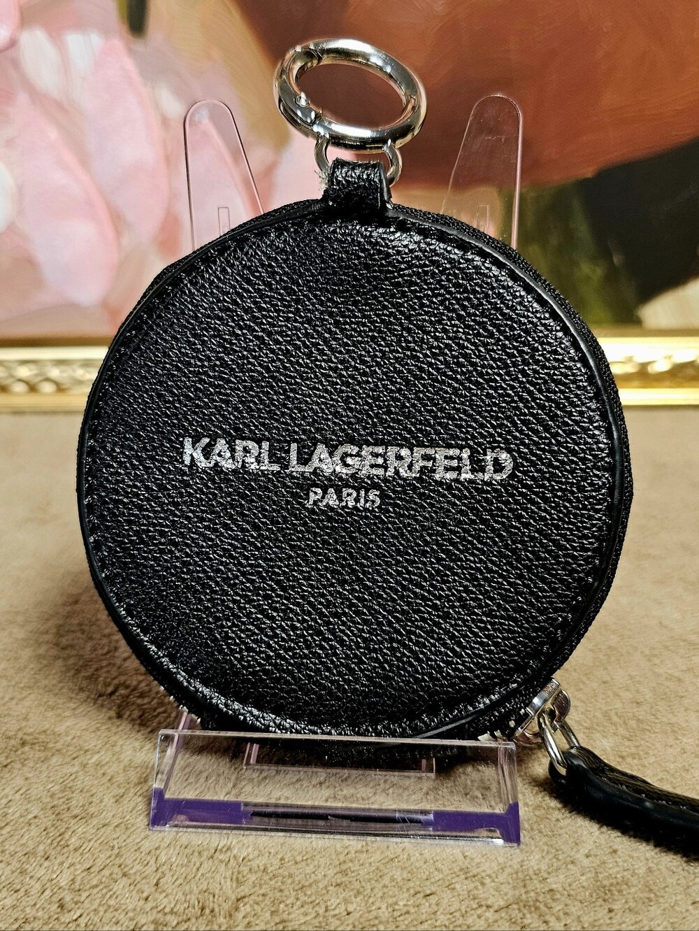 Karl Lagerfeld Black Round Leather Coin Pouch with Iconic Enamel Emblem - Picture 2 of 4